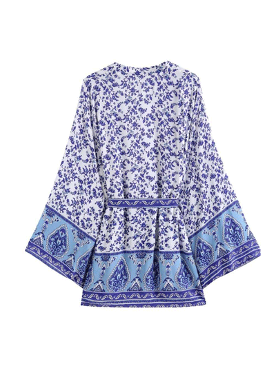 Evatrends cotton gown robe printed kimonos, V-Collar, Outerwear, Cotton, Nightwear, Short kimono, Long Sleeves, Blue, loose fitting, Printed, Belted, Floral