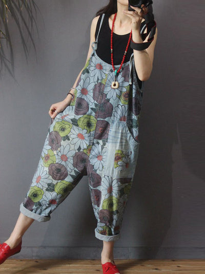 Dungarees, cotton denim, floral, vintage, retro style overall, Side Pockets, Craft Pockets