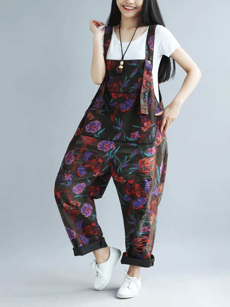Black Floral Cotton Denim Overalls with Straight Legs