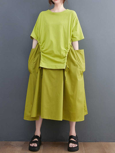 Plain Cotton Short Sleeve Midi Dress