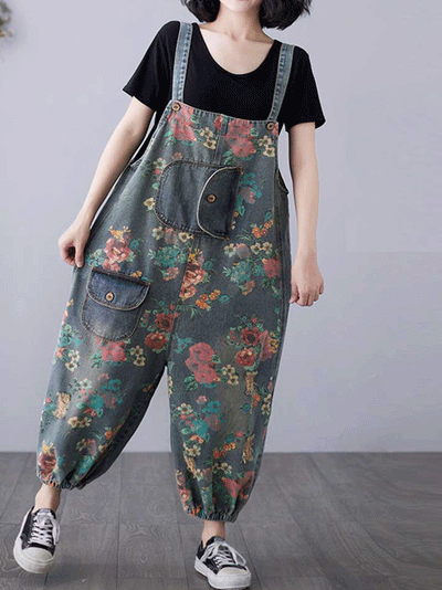 Dungarees cotton denim ripped jeans floral vintage retro style overall