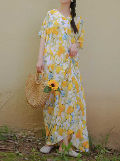 Cotton Yellow Color Floral Print Kaftan Dress