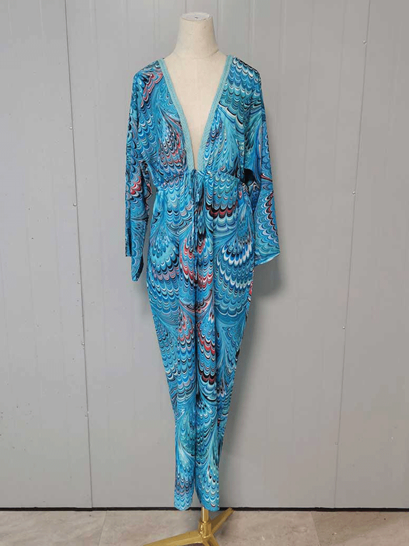 Evatrends cotton gown robe printed kimonos, Outerwear, Polyester, Nightwear, long kimono, long sleeves,  loose fitting, Printed, Belted