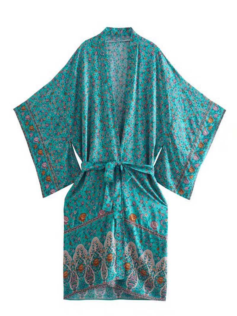 Evatrends cotton gown robe printed kimonos, Outerwear, Cotton, Nightwear, Long kimono, Board Sleeves, loose fitting, Printed, Floral, Belted