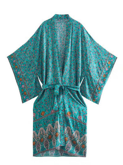 Evatrends cotton gown robe printed kimonos, Outerwear, Cotton, Nightwear, Long kimono, Board Sleeves, loose fitting, Printed, Floral, Belted