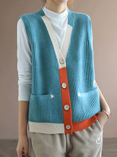 Blue Moon V-neck Knitted Vest Waistcoat Cardigan Sweater