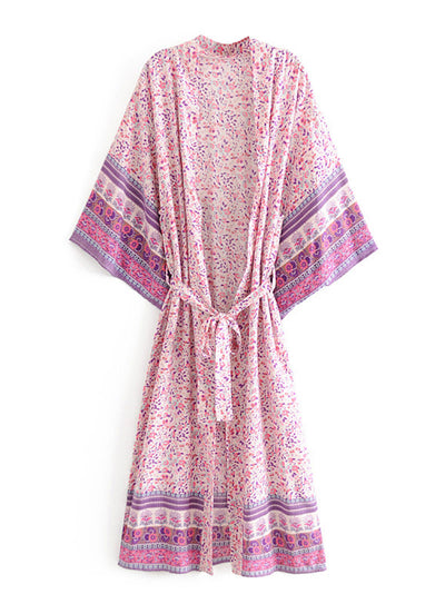 Evatrends cotton gown robe printed kimonos, Outerwear, cotton, Nightwear, long kimono, Board Sleeves, loose fitting, Floral Print , Belted