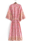 Evatrends cotton gown robe printed kimonos, Outerwear, Cotton, long sleeves, Nightwear, long kimono, Board Sleeves, pink, loose fitting, Printed, floral, belted, V-Collar