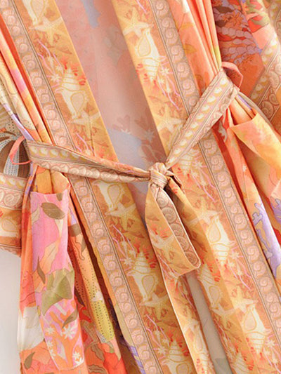 Floral Partywear Cotton Silk Kimono Orange Color Cotton Long Length Gown Robe Kimono