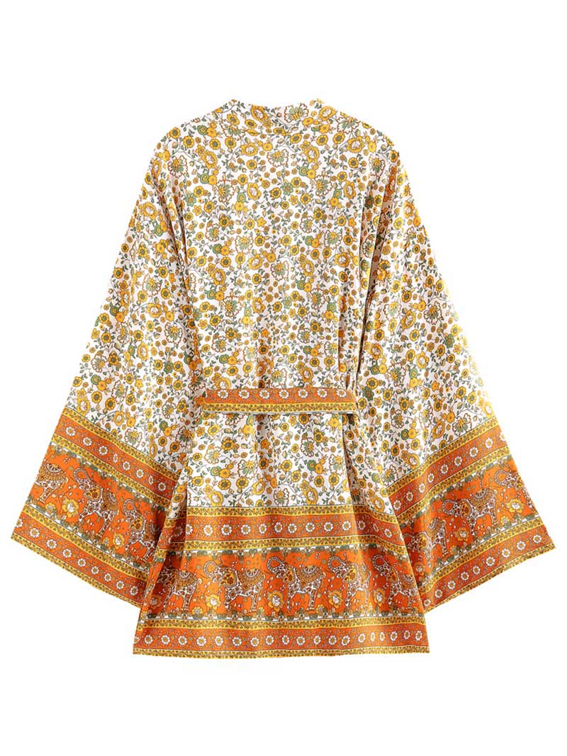 Evatrends cotton gown robe printed kimonos, Outerwear, Cotton, Birthday Party wear, Short kimono, Board Sleeves, loose fitting, Swimwear, Printed, Floral, Belted, Yellow color