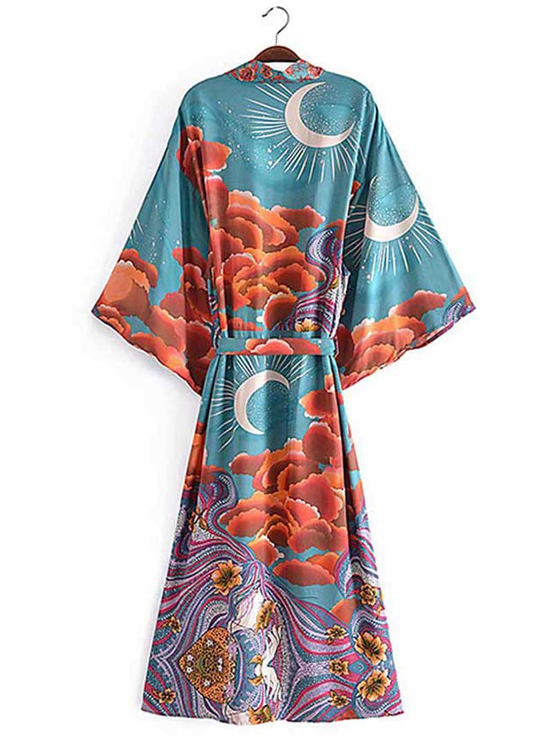 Evatrends cotton gown robe printed kimonos, Outerwear, Silk, Nightwear, long kimono, long Sleeves, loose fitting, floral print, Plant flower, Belted