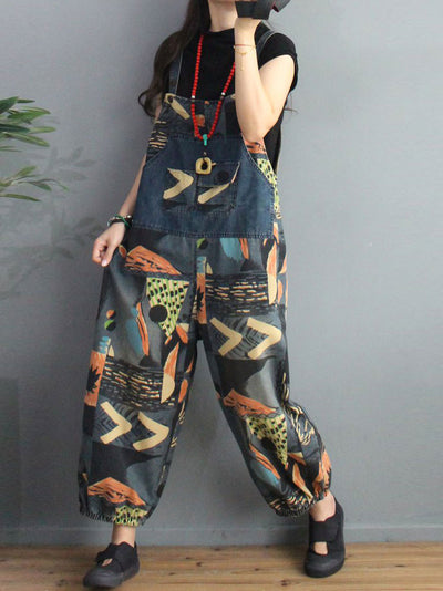 Dungarees cotton denim, vintage retro style overall, Printed