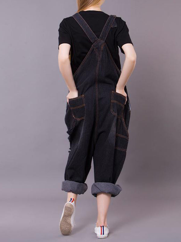 Dungarees, denim ripped , retro style overall, side and back pockets, ripped