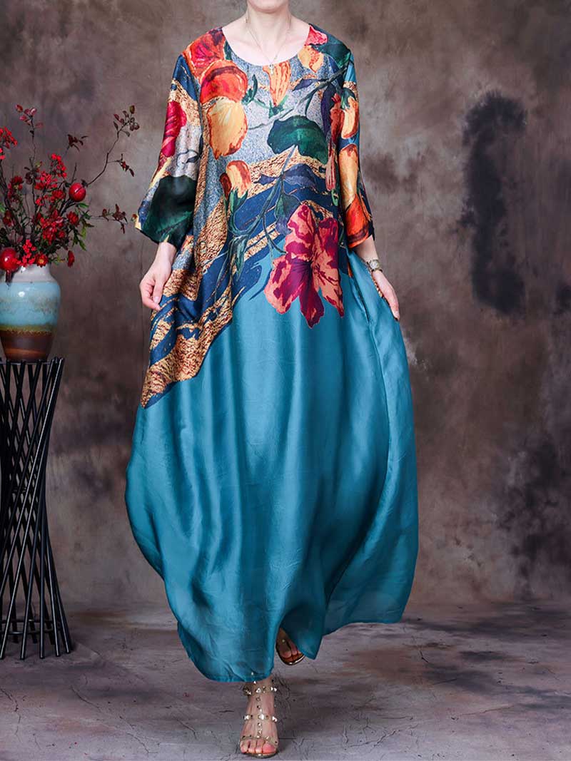 Eva trends maxi dress, Tencel dress, Polyester dress, Printed dress, Maxi dress, black Dress, Blue Dress, Long Dress, Summer dress, Medium Sleeves, Vintage Collection