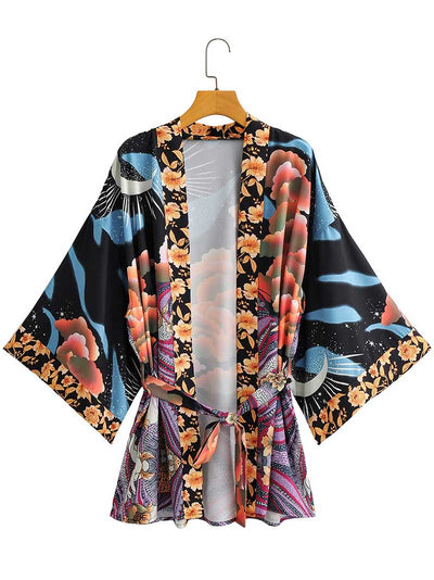 Evatrends cotton gown robe printed kimonos, Outerwear, Polyester, Nightwear, Short kimono, Board Sleeves, loose fitting, Printed, Floral + Moon, Belted
