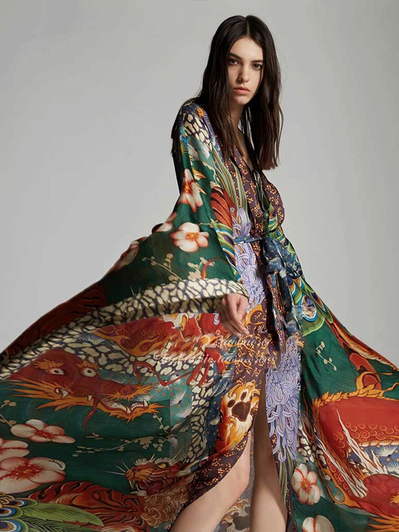 Evatrends cotton gown robe printed kimonos, Outerwear, party wear, Polyester, Nightwear, long kimono, Bat sleeves, long Sleeves, loose fitting, peacock print, Belted