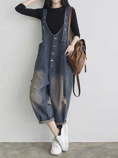 Dungarees cotton denim ripped jeans ,vintage retro style overall, Adjustable straps, Ripped