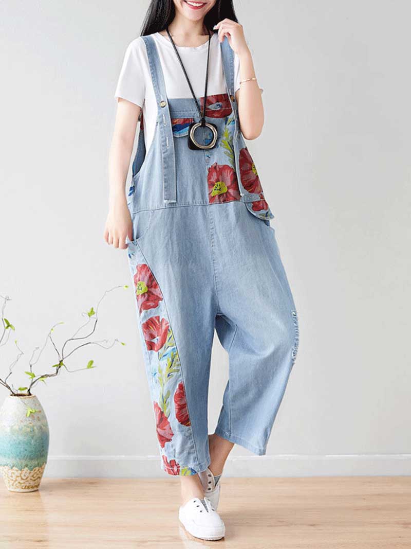 Dungarees cotton denim ripped jeans floral vintage retro style overall