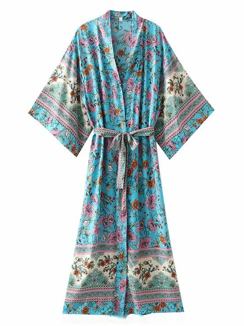 Evatrends cotton gown robe printed kimonos, Outerwear, Cotton, Nightwear, long kimono, Kimono Broad sleeves, loose fitting, Floral Print, Belted