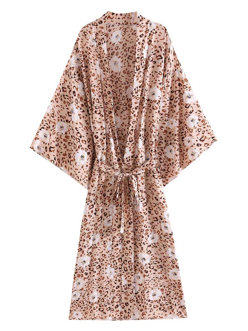 Evatrends cotton gown robe printed kimonos, Outerwear, Cotton, Beach wear, Long kimono, Board Sleeves, loose fitting, Printed, Leopard Print, Belted