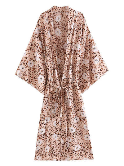 Evatrends cotton gown robe printed kimonos, Outerwear, Cotton, Beach wear, Long kimono, Board Sleeves, loose fitting, Printed, Leopard Print, Belted