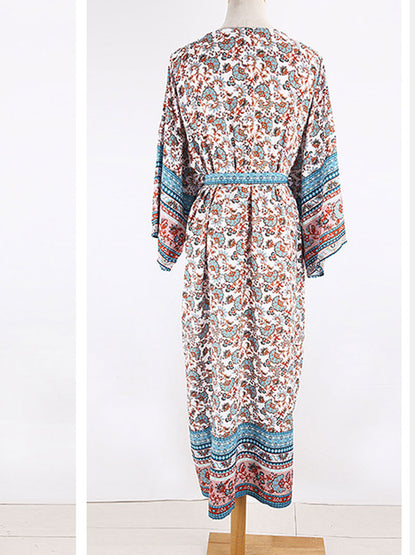 Evatrends cotton gown robe printed kimonos, Outerwear, Cotton, Nightwear, long kimono, Kimono Broad sleeves with armpit opening, loose fitting, Floral Print, Belted