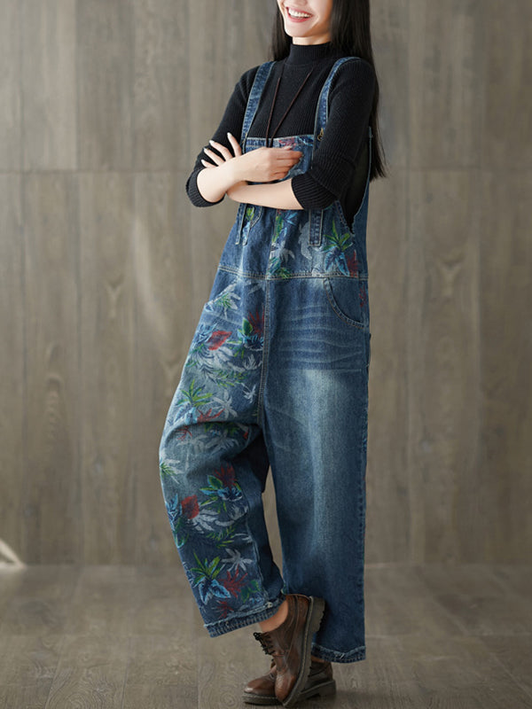 Dungarees cotton denim ripped jeans floral vintage retro style overall
