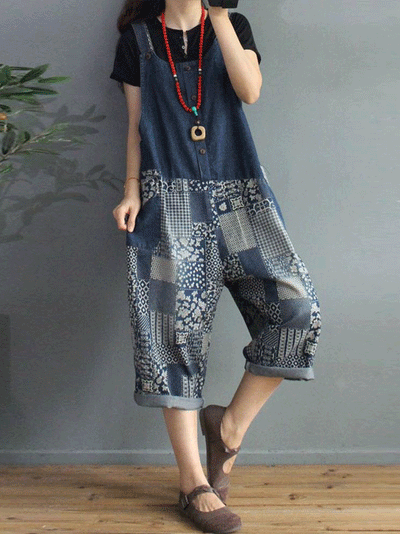 Dungarees cotton denim Cotton, Printed, Short Dungaree, vintage retro style overall, Non-Stretchable