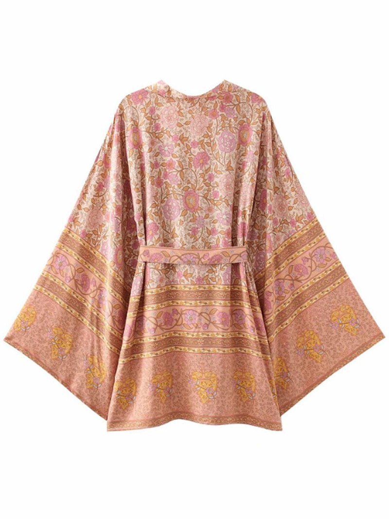 Evatrends cotton gown robe printed kimonos, Outerwear, cotton, Nightwear, Short kimono, Broad Sleeves, Beige, loose fitting, Printed, Belted, Floral