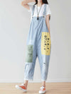 Dungarees cotton denim ripped jeans floral vintage retro style overall, Denim Cotton 91%-99%, Adjustable Straps, Cropped Pant
