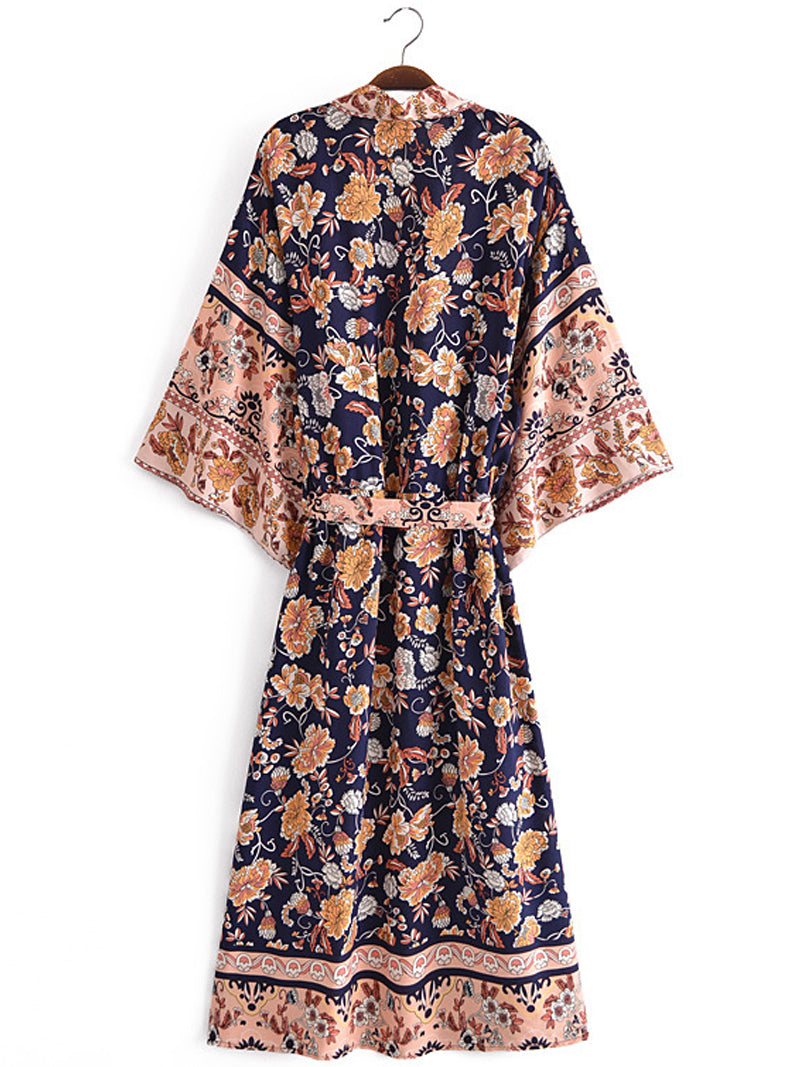 Evatrends cotton gown robe printed kimonos, Outerwear, Cotton, V-Collar, Nightwear, long kimono, long Sleeves, loose fitting, floral print, Belted