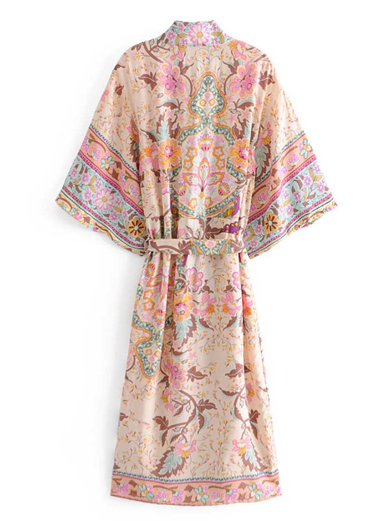 Partywear Cotton Kimono Robe Floral Print Beige Color Long Length Gown Robe Kimono