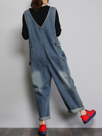 Dungarees cotton denim ripped jeans floral vintage retro style overall