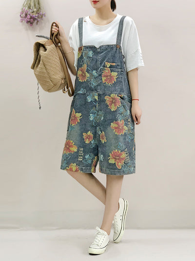 Dungarees cotton denim ripped jeans floral vintage retro style overall