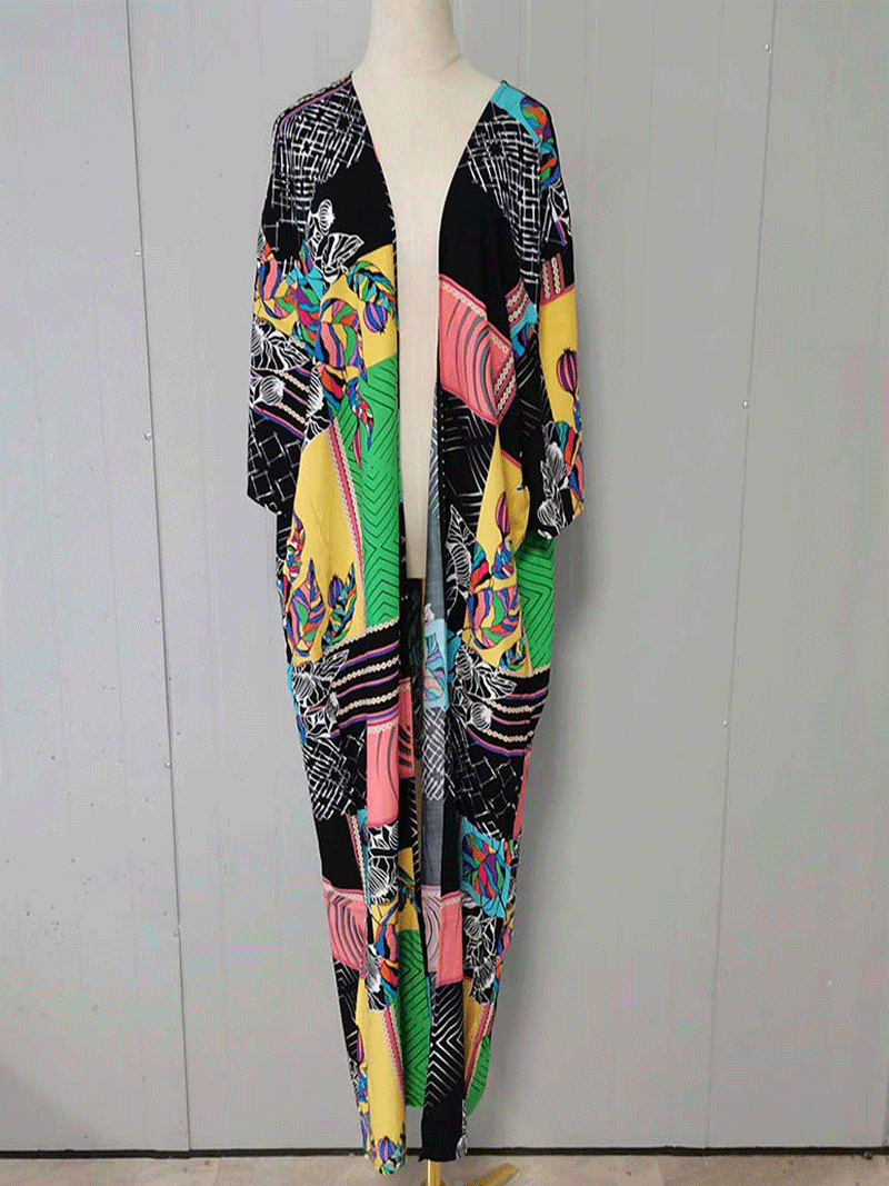 Evatrends cotton gown robe printed kimonos, Outerwear, Polyester, Nightwear, long kimono, long Sleeves, loose fitting, printed