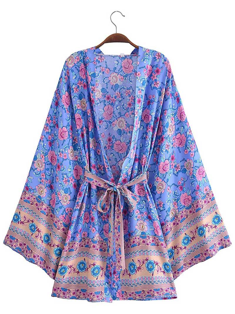 Evatrends cotton gown robe printed kimonos, Outerwear, Cotton, Nightwear, Short kimono, Board Sleeves, loose fitting, Printed, Floral, Belted