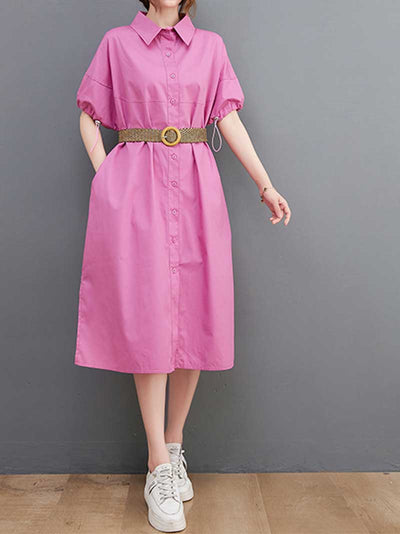 Cotton Collar-Neck Plain Shirt Dress - WHITE, YELLOW, ROSE-RED