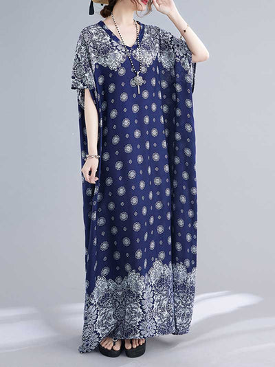 Evatrends kaftan, Rayon, V-neck, Printed, Short sleeves, Printed Kaftan Dress, Floral Print, Loose Waist, Long Dress, Beachwear Dress