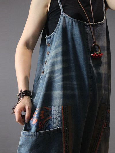 Dungarees cotton denim ripped jeans floral vintage retro style overall