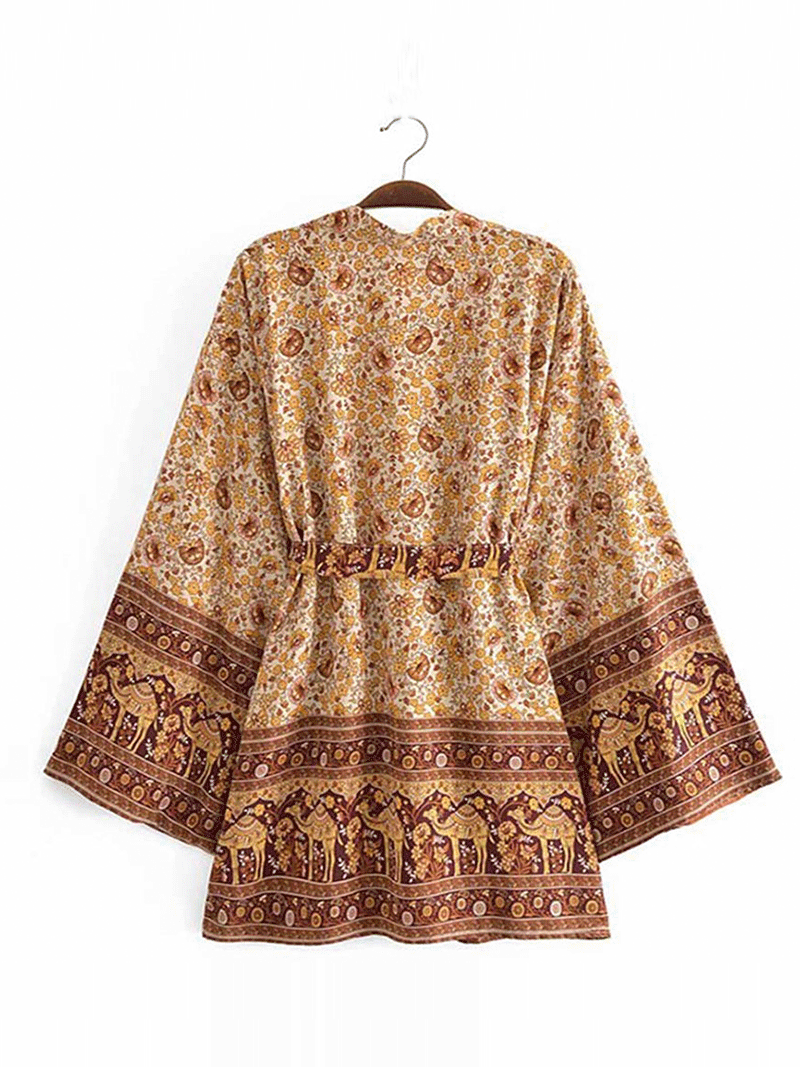Evatrends cotton gown robe printed kimonos, Outerwear, Rayon, Nightwear, Short kimono, Broad Sleeves, Brown, loose fitting, Printed, Belted, Floral