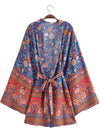 Evatrends cotton gown robe printed kimonos, Outerwear, Cotton, Nightwear, Short kimono, Board Sleeves, loose fitting, Printed, Floral, Belted, Blue-Red Color