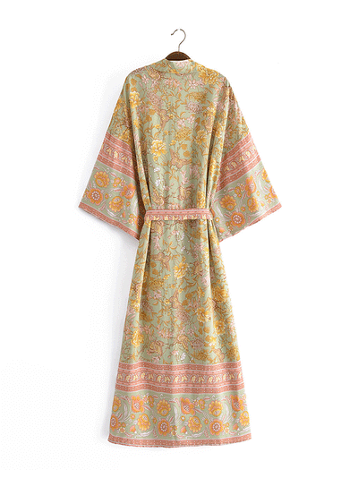 Evatrends cotton gown robe printed kimonos, Outerwear, cotton, Nightwear, long kimono, Board Sleeves, loose fitting, Floral Print, Belted