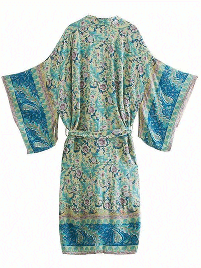 Evatrends cotton gown robe printed kimonos, Outerwear, cotton, Nightwear, long kimono, Board Sleeves, loose fitting, Floral Print with Paisley print, Belted