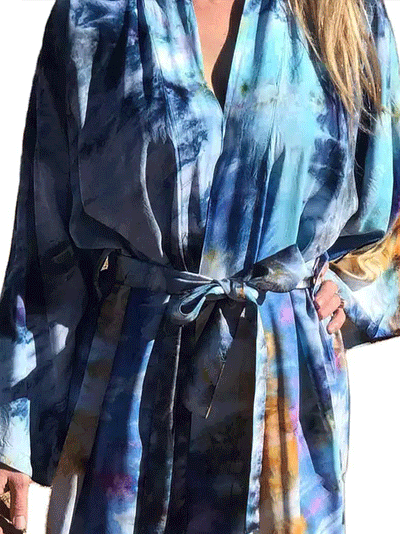 Evatrends cotton gown robe printed kimonos, Outerwear, Polyester, Nightwear, long kimono, Kimono Broad sleeves, loose fitting, Tie- Dye Print, Belted