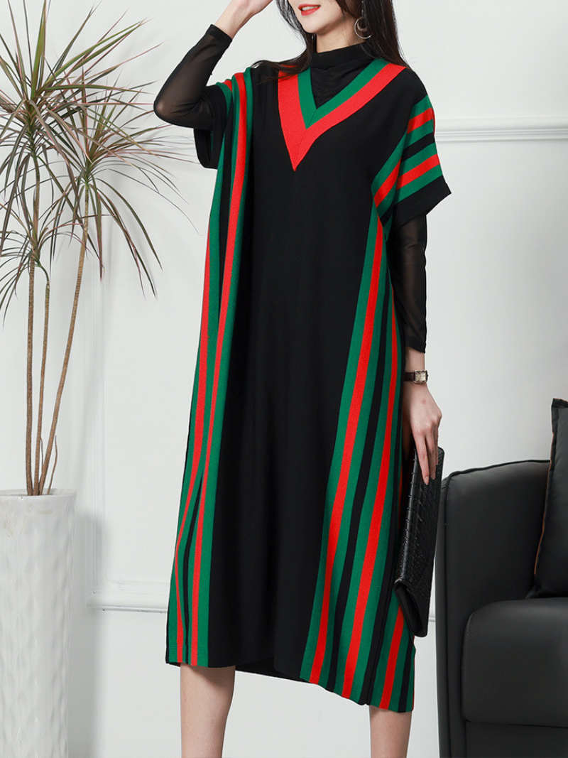 Women's Summer New Stylish Striped Long Bat Sleeve Knitted Midi-Dress