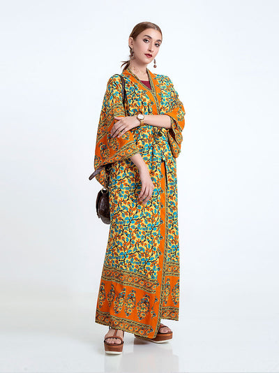 Evatrends cotton gown robe printed kimonos, Outerwear, Cotton, Viscose, Nightwear, long kimono, Broad sleeves with an armpit gap opening, loose fitting, Floral Bohemian Print, Belted