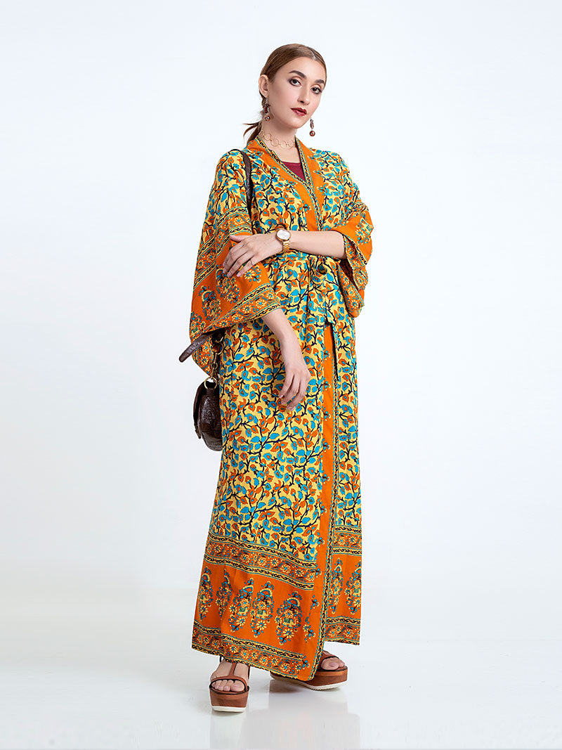 Evatrends cotton gown robe printed kimonos, Outerwear, Cotton, Viscose, Nightwear, long kimono, Broad sleeves with an armpit gap opening, loose fitting, Floral Bohemian Print, Belted