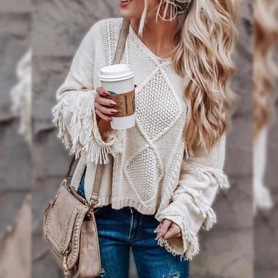 New round neck long-sleeved tassel solid color sweater