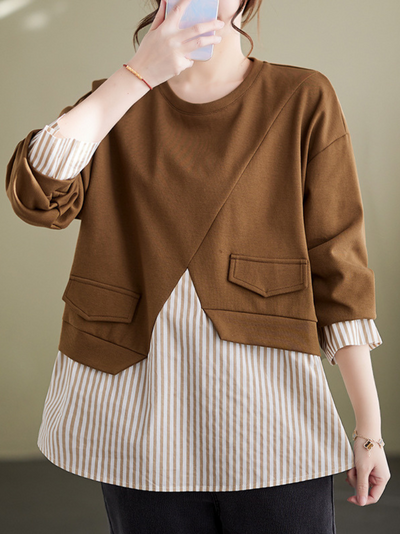 Women's Coffee Striped Splicing Sweater Top