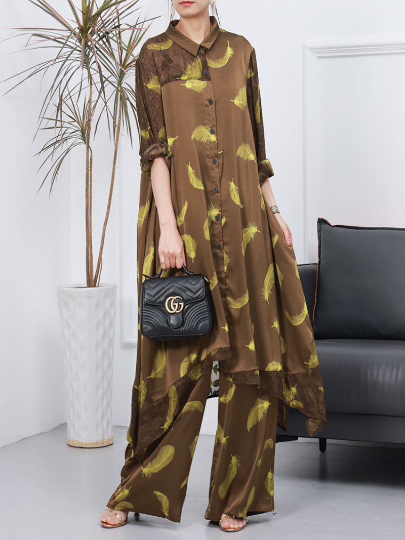 Women's Spring Yellow Tencel Irregular Printed Loose Top